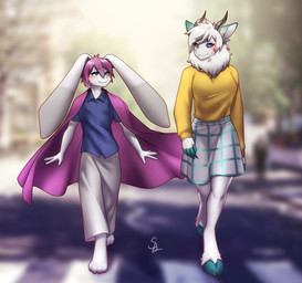 anthro clothed clothing duo female looking_at_viewer machine male outside standing walking nariikhan lagomorph leporid mammal protogen rabbit hi_res