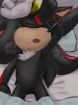 anthro bed black_body black_fur blush bodily_fluids breath clothing covering covering_face covering_self eyes_closed fur furniture gloves handwear male on_bed open_mouth pillow red_body red_fur solo sweat under_covers wet kalk427 sega sonic_the_hedgehog_(series) shadow_the_hedgehog eulipotyphlan hedgehog mammal hi_res