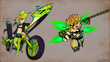 action_pose anthro areola armor armwear belly_nipples biped black_bottomwear black_bra black_clothing black_jacket black_nose black_shorts black_topwear black_underwear blonde_highlights bottomwear bra cigarette cigarette_in_mouth claws clothed clothing countershade_face countershade_fur countershade_torso countershading curled_tail digitigrade eye_patch eyewear female fishnet_armwear fishnet_clothing fishnet_legwear fur hair highlights_(coloring) holding_baseball_bat holding_melee_weapon holding_object holding_weapon jacket jet_pack legwear looking_at_viewer melee_weapon motorcycle multicolored_body navel object_in_mouth orange_body orange_fur partially_clothed ponytail pose shorts simple_background solo standing tail tan_body tan_countershading tan_fur toe_claws topwear two_tone_body underage_smoking underwear vambrace vehicle weapon young young_anthro young_female lichfang canid canine canis domestic_dog mammal shiba_inu spitz 2025 absurd_res hi_res multiple_images