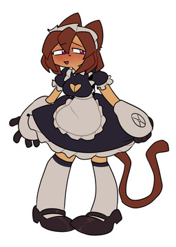 blush brown_body brown_fur brown_hair clothed clothing embarrassed female fur hair magenta_eyes maid_uniform simple_background solo standing tail uniform white_background shubui gameoverse glitch_productions kit_bodega domestic_cat felid feline felis mammal absurd_res hi_res