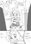 anthro biped bullying canid canine clothing comic dialogue digital_media_(artwork) english_text exclamation_point female fox fur_(theterm) group human kemono kneeling mammal monochrome school_uniform solo_focus text theterm uniform young young_anthro young_female