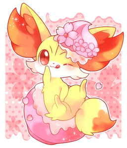 ambiguous_gender baked_goods blush cherry_blossom dairy_products digitigrade dipstick_tail dripping facial_tuft feral flower food food_on_head frosting fur giant_food hand_on_face head_markings hip_tuft inner_ear_fluff licking licking_lips markings on_food one_eye_closed orange_body orange_fur orange_markings plant poke_puff prunus_(flower) pupils red_eyes slit_pupils smile solo sparkles tail tail_markings tongue tongue_out tuft whipped_cream white_body white_fur white_markings yellow_body yellow_fur michi_runi nintendo pokemon canid canine fennekin generation_6_pokemon mammal pokemon_(species) unavailable_at_source