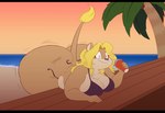 5_fingers anthro beach bent_over beverage big_breasts big_butt bikini black_bars blonde_hair breasts butt cleavage clothed clothing embarrassed female fingers fur hair holding_beverage holding_object huge_breasts huge_butt huge_thighs outside overweight overweight_female pink_eyes purple_bikini purple_clothing purple_nose purple_swimwear raised_tail solo sound_effects swimwear tail tan_body tan_fur thick_thighs two-piece_swimsuit wardrobe_malfunction wide_hips goblinhordestudios lisa_(goblinhordestudios) felid lion mammal pantherine 2024 hi_res letterbox