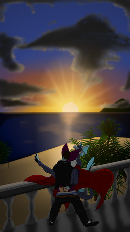 anthro balcony beach butt clothed clothed_sex clothing cloud dress duo face_in_breasts female frill_(anatomy) kicking_legs male male/female sex sunset nunyahbis aquatic bat fish mammal shark 4k 9:16 absurd_res hi_res
