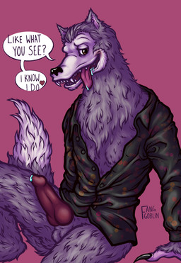 animal_genitalia animal_penis anthro balls black_claws black_clothing black_shirt black_topwear blush bodily_fluids brown_eyes canine_genitalia canine_penis chest_tuft claws clothed clothing erection fangs flirting flirting_with_viewer fluffy fluffy_tail fur genital_fluids genitals grey_body grey_fur grin half-closed_eyes heart_symbol looking_at_viewer male narrowed_eyes partially_clothed pattern_clothing pattern_shirt pattern_topwear penis precum presenting presenting_penis saliva saliva_on_tongue sharp_teeth shirt sitting smile solo speech_bubble spots spotted_clothing spotted_shirt spotted_topwear tail teeth text tongue tongue_out topwear tuft undone_shirt fanggoblin creative_engineering_incorporated showbiz_pizza_place the_rock-afire_explosion rolfe_dewolfe canid canine canis mammal wolf absurd_res colored detailed digital_media_(artwork) english_text hi_res shaded