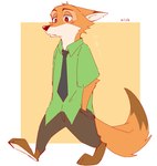 anthro clothing fur male simple_background solo text shimomaro disney zootopia nick_wilde canid canine fox mammal red_fox true_fox 2021 english_text