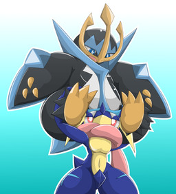 3_toes ambiguous_gender anthro blue_body blue_eyes carrying_another duo feet navel open_mouth outline red_eyes simple_background toes type nintendo pokemon empoleon generation_4_pokemon generation_6_pokemon greninja pokemon_(species) 2015 hi_res