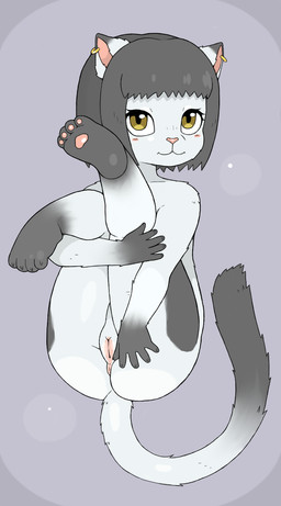 anthro anus big_butt butt ear_piercing ear_ring feet_up female fur genitals grey_body grey_fur grey_hair hair long_tail looking_at_viewer lying nude on_back pawpads piercing pink_pawpads pose ring_piercing short_hair smile solo tail vulva white_body white_fur yellow_eyes young young_female y0dare felid feline mammal hi_res pinup
