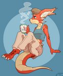 2020 anthro beverage blue_eyes breasts captaincob clothed clothing container countershading cozy cup exposure_variation female fluffy_ears hat headgear headwear hi_res kobold non-mammal_breasts red_(captaincob) red_body relaxing scalie sitting solo