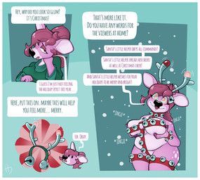 anthro bell black_nose border breasts clothing collar dialogue female fur green_clothing hair holidays mind_control offscreen_character open_mouth overweight pink_body pink_fur pink_hair ringed_eyes simple_background smile snow solo text white_border hypnodoe christmas doe_(hypnodoe) deer mammal 2024 digital_media_(artwork) english_text hi_res trans_(lore) trans_woman_(lore)