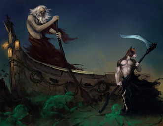 anthro beard boat bone brown_body empty_eye_sockets facial_hair group holding_melee_weapon holding_object holding_paddle holding_polearm holding_scythe holding_weapon lamp lantern male male_anthro male_human melee_weapon navel outside polearm scythe standing vehicle watercraft weapon white_body satanic_monkey equid equine horse human mammal spirit