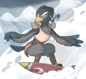 anthro armor black_body black_feathers blue_body blue_feathers detailed_background feather_hands feathered_wings feathers leather leather_armor male mountain multicolored_body multicolored_feathers outside shield snow solo surfing tail tail_feathers wind wings snow_pounder_(artist) breath_of_the_wild nintendo the_legend_of_zelda fan_character ravizo avian bird rito 2020 hi_res signature