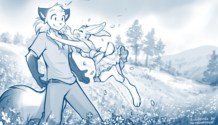 3_toes 5_fingers anthro barefoot bottomwear breasts chest_tuft clothed clothed_anthro clothed_female clothed_male clothing digitigrade dress duo eyes_closed feet female fingers flower flower_in_mouth front_view fully_clothed fully_clothed_anthro fully_clothed_female fully_clothed_male fur gloves_(marking) hair hug jumping larger_male looking_at_another male markings meadow open_mouth open_smile outside pants paws plant predator/prey scut_tail shirt short_tail size_difference sky smaller_female smile standing t-shirt tail toes topwear tree tuft conditional_dnp tom_fischbach twokinds hazel_(twokinds) mike_(twokinds) canid canine fox keidran lagomorph leporid mammal rabbit 2025 7:4 blue_and_white digital_media_(artwork) hi_res monochrome restricted_palette sketch