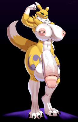 abs anthro areola armwear armwear_only balls big_balls big_breasts big_penis black_sclera blue_eyes breasts bridal_gauntlets bridal_gauntlets_only clothed clothed_anthro clothed_gynomorph clothed_intersex clothing dialogue dipstick_ears dipstick_tail ear_markings facial_markings fur genitals gynomorph head_markings huge_balls huge_breasts huge_penis huge_thighs humanoid_genitalia humanoid_penis hyper hyper_balls hyper_genitalia hyper_penis intersex looking_at_viewer markings mostly_nude mostly_nude_anthro mostly_nude_gynomorph mostly_nude_intersex multicolored_ears muscular muscular_anthro muscular_gynomorph muscular_intersex nipple_piercing nipples penis piercing simple_background smile smiling_at_viewer smirk solo tail tail_markings text thick_thighs white_body yellow_body yellow_fur tohilewd bandai_namco digimon canid digimon_(species) mammal renamon absurd_res hi_res