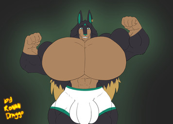 abs anthro big_bulge big_muscles big_pecs black_body black_fur black_hair blonde_hair bottomwear bulge clothing ear_piercing ear_ring flexing flexing_bicep fur green_eyes hair huge_bulge huge_muscles huge_pecs hyper hyper_muscles hyper_pecs long_hair male multicolored_body multicolored_fur multicolored_hair muscular muscular_anthro muscular_arms muscular_male muscular_thighs pecs piercing ring_piercing shorts solo tan_body tan_fur white_bottomwear white_clothing white_shorts ronandraygo palworld pocketpair kris_(zombiedwolf) anubis_(pal) pal_(species) hi_res