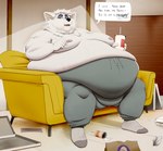 anthro belly belly_overhang beverage big_belly bottomwear burping chubby_cheeks clothed clothing container detailed_background dialogue double_chin fupa fur furniture holding_beverage holding_object inside male moobs morbidly_obese morbidly_obese_anthro morbidly_obese_male nipples obese obese_anthro obese_male offscreen_character on_sofa open_mouth overweight overweight_anthro overweight_male pants paper_bag pizza_box sitting sitting_on_sofa sofa solo speech_bubble stretch_marks sweatpants text topless white_body white_fur wide_hips okaeri taco_bell arri_semler canid canine canis domestic_dog mammal spitz yakutian_laika english_text hi_res story story_in_description