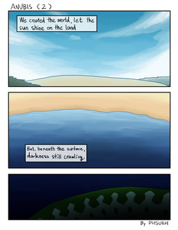 beach cloud darkness grass plant public sand sea seaside sky text water zero_pictured phsueh egyptian_mythology middle_eastern_mythology mythology 2016 comic hi_res signature