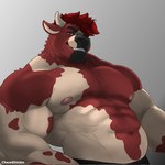 1:1 2023 abs anthro arched_back athletic biceps big_arms big_biceps blue_eyes body_hair body_tuft bottomwear bovid bovine cattle chase_shinien chest_hair chest_tuft clothing eyebrows fur gradient_background grey_background hair hereford_cattle hi_res horn looking_at_viewer male mammal matt_the_moo_cow multicolored_body muscular muscular_arms nipples pecs pink_nipples red_body red_fur red_hair serratus simple_background smile solo spots tan_body tan_fur teeth tuft username watermark