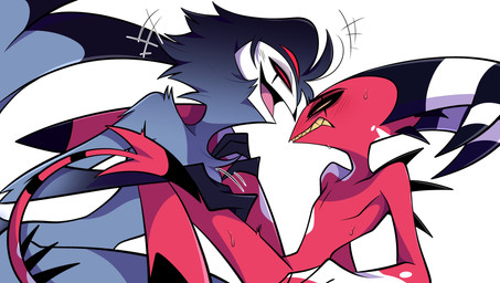 2_horns anthro beak big_horn blue_body blush blush_lines bodily_fluids clenched_teeth duo feathers femboy fluffy fluffy_chest hooves horn laugh leg_grab looking_at_another looking_at_partner male male/male multi_eye multicolored_body narrowed_eyes nude red_body red_eyes sharp_teeth slim small_waist smile spade_tail sweat tail teeth thigh_grab white_body yellow_sclera paldobeobe59670 hellaverse helluva_boss blitzo_(helluva_boss) stolas_(helluva_boss) avian bird demon imp owl owl_demon absurd_res hi_res