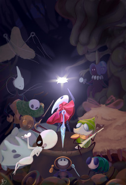 2_horns ambiguous_gender antennae_(anatomy) anthro bell biped black_body black_eyes cloak clothed clothing empty_eyes feral fur glowing group holding_melee_weapon holding_object holding_shield holding_weapon horn looking_at_another melee_weapon quadruped red_cloak red_clothing shield sitting standing weapon white_body white_eyes wings snowedbun hollow_knight:_silksong hollow_knight_(franchise) team_cherry bell_beast garmond_(hollow_knight:_silksong) hornet_(hollow_knight) huge_flea_(hollow_knight:_silksong) lace_(hollow_knight:_silksong) seth_(hollow_knight:_silksong) shakra_(hollow_knight:_silksong) sherma_(hollow_knight:_silksong) snail_shaman_(hollow_knight) widow_(hollow_knight:_silksong) zaza_(hollow_knight:_silksong) arthropod flea_(hollow_knight:_silksong) 2025 absurd_res hi_res signature