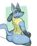 anthro big_butt blue_body blue_fur butt chest_spike eyebrows femboy fur male presenting presenting_hindquarters sitting smile solo spikes spikes_(anatomy) tail yellow_body yellow_fur jrjresq nintendo pokemon canid canine generation_4_pokemon lucario mammal pokemon_(species) hi_res