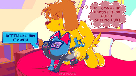 anal anal_orgasm anal_penetration animal_genitalia anthro balls bed bed_sheet bedding bedroom blue_body blue_fur blush bodily_fluids cum cum_while_penetrated duo ejaculation eyewear fur furniture genital_fluids genitals glasses grey_body grey_fur hands-free larger_male looking_pleasured male male/male masochism orgasm painful_penetration penetration prostate prostate_orgasm sex silhouetted_penis size_difference smaller_male tail tail_motion tailwag text thought_bubble x-ray_view yellow_body yellow_fur nsfpasta hello_from_halo_head achilles_(hello_from_halo_head) pepper_(batshaped) canid canine felid feline mammal 16:9 4k absurd_res english_text hi_res widescreen