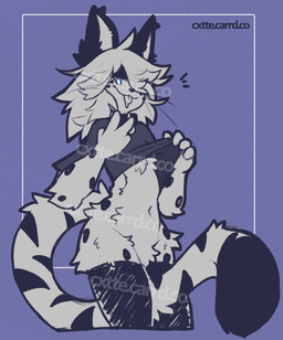 anthro big_tail blue_eyes bodily_fluids chest_tuft clothed clothing clothing_lift collar drooling emanata femboy fluffy fluffy_tail legwear looking_at_viewer male male_anthro navel purple_background saliva shirt shirt_lift simple_background solo standing tail thigh_highs topwear tuft whiskers caeleste niles_(caeleste) felid feline mammal serval 2025 hi_res restricted_palette