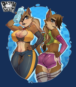 4_fingers anthro armwear athletic_wear big_breasts black_nose blush bottle bottomwear breasts brown_body brown_fur butt butt_pose cleavage clock clothed clothing container duo ear_piercing ear_ring elbow_gloves exercise_clothing female fingerless_gloves fingers fur gloves hair hair_over_eye hand_on_hip handwear holding_bottle holding_container holding_object legs_together legwear looking_at_viewer midriff multicolored_body multicolored_fur navel one_eye_closed one_eye_obstructed open_mouth open_smile pants panty_lines piercing ponytail pose ring_piercing shirt smile standing tan_body tan_fur tank_top teeth thigh_highs tight_clothing topwear two_tone_body two_tone_fur watch water_bottle yoga_pants mr._deathcat hotel_transylvania mythology charlotte_(hotel_transylvania) sophie_(hotel_transylvania) canid canine mammal mythological_canine mythological_creature werecanid werecanine werecreature werewolf 2021 alpha_channel hi_res