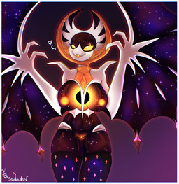 anthro big_breasts border breasts female genitals glowing glowing_genitalia glowing_nipples glowing_vulva mature_female nipples solo thick_thighs vulva white_border sodaduv nintendo pokemon bat generation_7_pokemon legendary_pokemon lunala mammal pokemon_(species) absurd_res hi_res