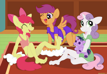 2011 anthrofied apple_bloom_(mlp) bow brainsister breasts button cub cutie_mark_crusaders_(mlp) edit equine eyelashes eyes_closed female friendship_is_magic green_eyes green_floor green_pajamas hair headset horn horse humanized_feet humanized_hands long_hair mammal multi-colored_hair my_little_pony open_mouth orange_body pegasus pillow pink_pajamas playing plushie pony purple_eyes purple_hair purple_pajamas red_hair red_rug scootaloo_(mlp) smile sweetie_belle_(mlp) tongue twilight_sparkle_(mlp) unicorn white_body wings wood yellow_body young
Rating: Safe
Score: 3
User: Tiiara
Date: November 15, 2011