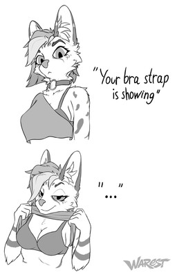 anthro bra bra_strap choker clothing female fur jewelry looking_at_viewer markings necklace shirt showing_chest smile solo spots spotted_body surprised t-shirt text topwear underwear conditional_dnp warest bra_strap_showing_(meme) hannah_(warest) felid feline mammal serval absurd_res hi_res monochrome