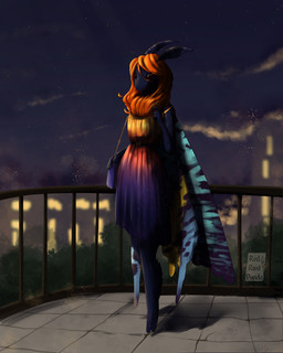 ambiguous_gender antennae_(anatomy) black_eyes blue_body city clothed clothing dress female female/ambiguous fence hair multicolored_clothing multicolored_wings orange_hair outside purse slim solo text wings redrustpanda arthropod insect lepidopteran moth 4:5 absurd_res digital_media_(artwork) english_text hi_res sketch