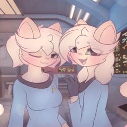 anthro clothing female heterochromia k'atya_kats_(milnegake_cherret) laboratory looking_at_viewer m'rralia_kats_(milnegake_cherret) uniform milnegake_cherret star_trek star_trek_online star_trek_the_original_series caitian felid mammal absurd_res hi_res sibling_(lore) twins_(lore)