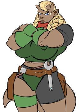 abs anthro bag big_breasts blonde_hair blue_eyes braided_hair breasts broad_shoulders clothed clothing crossed_arms female hair horn midriff muscular muscular_anthro muscular_female simple_background solo tool_belt tools worker wrench einrotica hild_(einrotica) low_res