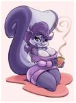 2017 alternate_breast_size anthro beverage big_breasts biped border breasts cleavage clothed clothed_anthro clothed_female clothing coffee_cup container cup curvy_figure eyebrow_through_hair eyebrows eyelashes female fifi_la_fume fingers fluffy fluffy_tail fur hair heart_symbol holding_beverage holding_container holding_cup holding_mug holding_object huge_breasts joelasko kneeling long_eyelashes looking_at_viewer mammal markings mephitid mug multicolored_body multicolored_fur pink_nose purple_body purple_clothing purple_fur purple_hair purple_sclera simple_background skunk smile smiling_at_viewer solo steam striped_body striped_fur striped_markings striped_tail stripes sweater tail tail_markings thick_thighs tiny_toon_adventures topwear translucent translucent_hair two_tone_body two_tone_fur two_tone_tail voluptuous warner_brothers white_background white_border wide_hips