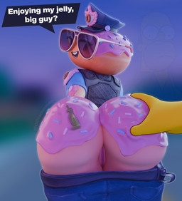 big_butt black_eyes blue_bottomwear blue_clothing blue_hat blue_headwear blue_pants blue_topwear bottomwear bottomwear_down butt butt_grab clothed clothing dialogue disembodied_hand eyelashes eyewear female food for_a_head genitals hand_on_butt hat headgear headwear looking_back open_mouth open_smile pants pants_down partially_clothed pink_frosted_sprinkled_doughnut police police_hat police_officer police_uniform rear_view smile solo speech_bubble sprinkles sunglasses text topwear uniform vulva ogtamarindo shachath3d_(modeler) epic_games fortnite constable_sprinkle_(fortnite) food_creature food_humanoid humanoid object_head 3d_(artwork) absurd_res digital_media_(artwork) english_text hi_res