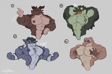 2_horns 4_fingers 5_fingers anthro areola arm_stripes barazoku bedroom_eyes big_muscles black_hair black_sclera blep blue_eyes blue_sclera blush body_hair brown_body brown_scales chest_hair claws countershade_hands countershade_scales countershade_torso countershading dorsal_ridge eyewear finger_claws fingers flexing_muscles furrowed_eyebrows gesture glasses green_body green_scales green_sclera grey_background grey_body group hair hand_gesture hand_on_hip hand_on_own_hip hands_behind_head hands_on_own_chest head_horn head_ridge horn huge_muscles male markings motion_lines mouth_closed muscular muscular_male narrowed_eyes nipples non-mammal_nipples nude numbered_sequence onomatopoeia open_mouth open_smile pecs pointing rectangular_glasses scales seductive simple_background simple_eyes smile sound_effects spots spotted_body stubble teeth text tongue tongue_out tongue_showing vein veiny_muscles wearing_glasses yellow_eyes goofyahdragons mythology crocodilian dragon gecko lizard mythological_creature mythological_scalie reptile scalie unknown_species wingless_dragon 2025 artist_name flat_colors half-length_portrait hi_res portrait