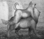 1999 animal_genitalia anthro anthro_on_feral archived_source balls bd belly bestiality black_and_white black_nose canid canine canis carrying_another claws domestic_dog duo eyes_closed feral fur genitals graphite_(artwork) male male/male mammal monochrome pencil_(artwork) piggyback sheath slightly_chubby toe_claws traditional_media_(artwork)