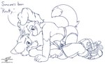 anthro blush bulge bulge_frottage dialogue duo eye_contact looking_at_another lying male male/male on_back side_view smile tail text young wolfblade roni_collins border_collie canid canine canis collie domestic_dog herding_dog mammal pastoral_dog sheepdog url