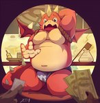 2015 acah_orange anthro bodily_fluids bulge clothing condom detailed_background disembodied_finger disembodied_hand dragon group hi_res humanoid_hands inside kemono male money moobs mythological_creature mythological_scalie mythology navel offering_money overweight overweight_male red_body scalie sexual_barrier_device solo_focus tail tears underwear