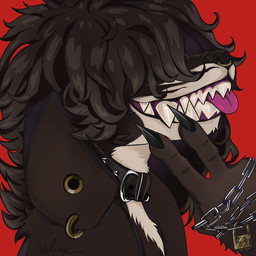 anthro black_claws brown_body chain claws clenched_teeth collar curly_hair ear_piercing facial_piercing fur hair hand_on_face lock male nose_piercing piercing pink_tongue smile solo spiked_collar spikes tan_body tan_fur teeth tongue veliar canid canine canis domestic_dog mammal 1:1