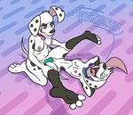 101_dalmatian_street 101_dalmatians 3_toes aged_up anthro bassybefuddle blue_eyes bodily_fluids canid canine canis collar collar_only conditional_dnp dalmatian destiny_(101_dalmatians) dialogue dildo disney dolly_(101_dalmatians) domestic_dog double_dildo duo ejaculation eyeshadow feeldoe feet female female/female floppy_ears foot_focus fur genital_fluids gloves_(marking) grin hi_res incest_(lore) leg_markings makeup mammal markings nude paws penetration pink_eyes pussy_ejaculation sex_toy sibling_(lore) sister_(lore) sisters_(lore) smile socks_(marking) soles spots sweat toes triple_d_(101_dalmatians) vaginal vaginal_fluids vaginal_penetration white_body white_fur