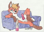 alcohol animal_genitalia animal_penis balls belly beverage blonde_hair canine_genitalia canine_penis erection fur furniture genitals hair hand_behind_head knot male on_sofa orange_body orange_fur paws penis simple_background sitting sitting_on_sofa smile smirk sofa solo toony white_background white_belly wine zaeryn canid canine fox mammal red_fox true_fox colored_pencil_(artwork) hi_res signature traditional_media_(artwork)