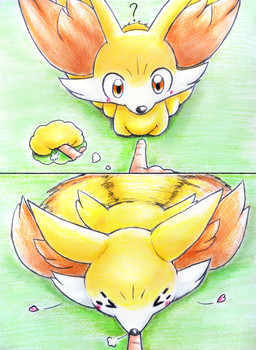 ambiguous_gender bite blush blush_lines duo eyes_closed feral finger_bite finger_in_mouth fur heart_symbol inner_ear_fluff love_bite lying on_front orange_body orange_eyes orange_fur question_mark tail tail_motion tailwag thought_bubble tuft white_body white_fur yellow_body yellow_fur eiroru nintendo pokemon canid canine fennekin generation_6_pokemon human mammal pokemon_(species) 2026 colored_pencil_(artwork) comic graphite_(artwork) hi_res traditional_media_(artwork)