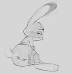 2024 3_toes anthro anus bottomwear bottomwear_down butt clothed clothing disney feet female fur gaping gaping_anus genitals grey_background greyscale half-closed_eyes judy_hopps lagomorph leporid long_ears looking_at_viewer looking_back lying mammal monochrome narrowed_eyes on_side pants pants_down partially_clothed paws presenting presenting_anus pussy rabbit scut_tail short_tail simple_background smile solo tail thehumancopier toes topwear zootopia