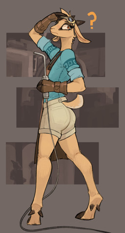 apron blowtorch butt clothing eyewear eyewear_on_head femboy fur goggles goggles_on_head holding_object holding_tool hooves horn male question_mark solo tan_body tan_fur tools radarwarble tinderkell zeb_(tinderkell) antelope bovid mammal hi_res