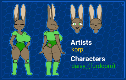 anthro big_breasts big_butt blue_background blue_border boots border breasts brown_body brown_fur buckteeth butt clothing eyes_closed female footwear front_view fur green_boots green_clothing green_eyes green_footwear green_topwear hands_on_hips long_ears open_mouth pattern_background pink_inner_ear rear_view shoes short_tail simple_background smile solo standing tail teeth topwear katzenart e621 furdoom daisy_(katzenart) lagomorph leporid mammal rabbit 2022 hi_res model_sheet gynomorph_(lore)