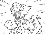 anthro claws ear_piercing ear_ring female fist narrowed_eyes piercing ring_piercing scales scarf screaming simple_background solo standing tongue white_background rakkuguy coal_(rakkuguy) kobold scalie monochrome