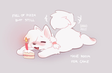 anthro biped blush butt cake candle dessert female food front_view fur hair lying nude nude_anthro nude_female on_front simple_background smile solo tail text danomil vilka canid canine canis domestic_dog mammal nordic_sled_dog samoyed spitz 2026 digital_drawing_(artwork) digital_media_(artwork) english_text