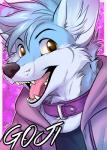 anthro blue_body blue_fur brown_eyes clothed clothing collar fur hoodie looking_at_viewer male smile solo text topwear white_body white_fur dagger_leonelli majime goji_(flitchee) arctic_fox canid canine fox mammal true_fox 2016 bust_portrait english_text portrait andromorph_(lore)